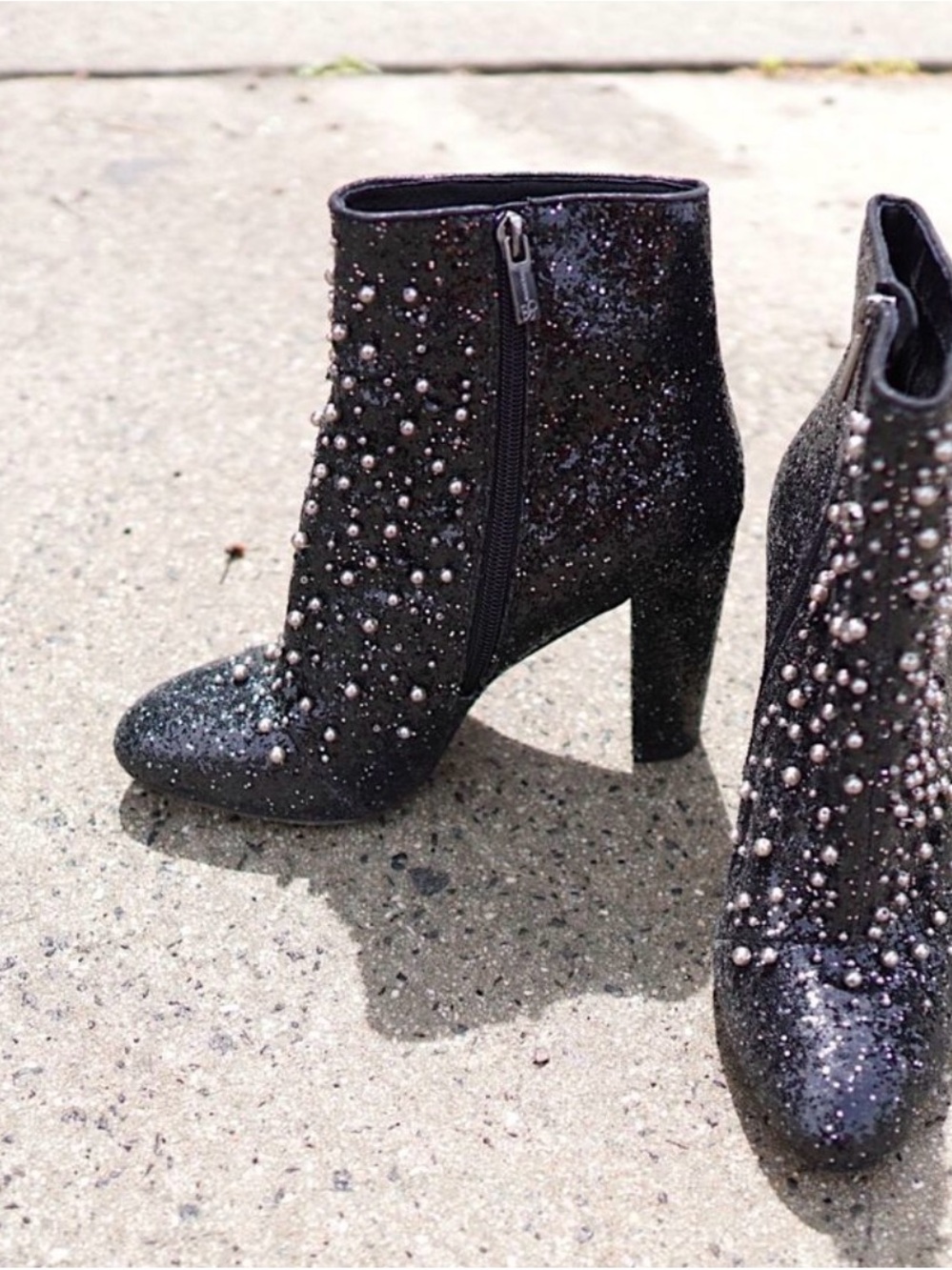 Jessica Simpson Starlite Glitter Pearl Ankle Black Glam Block Heel Booties 8.5M